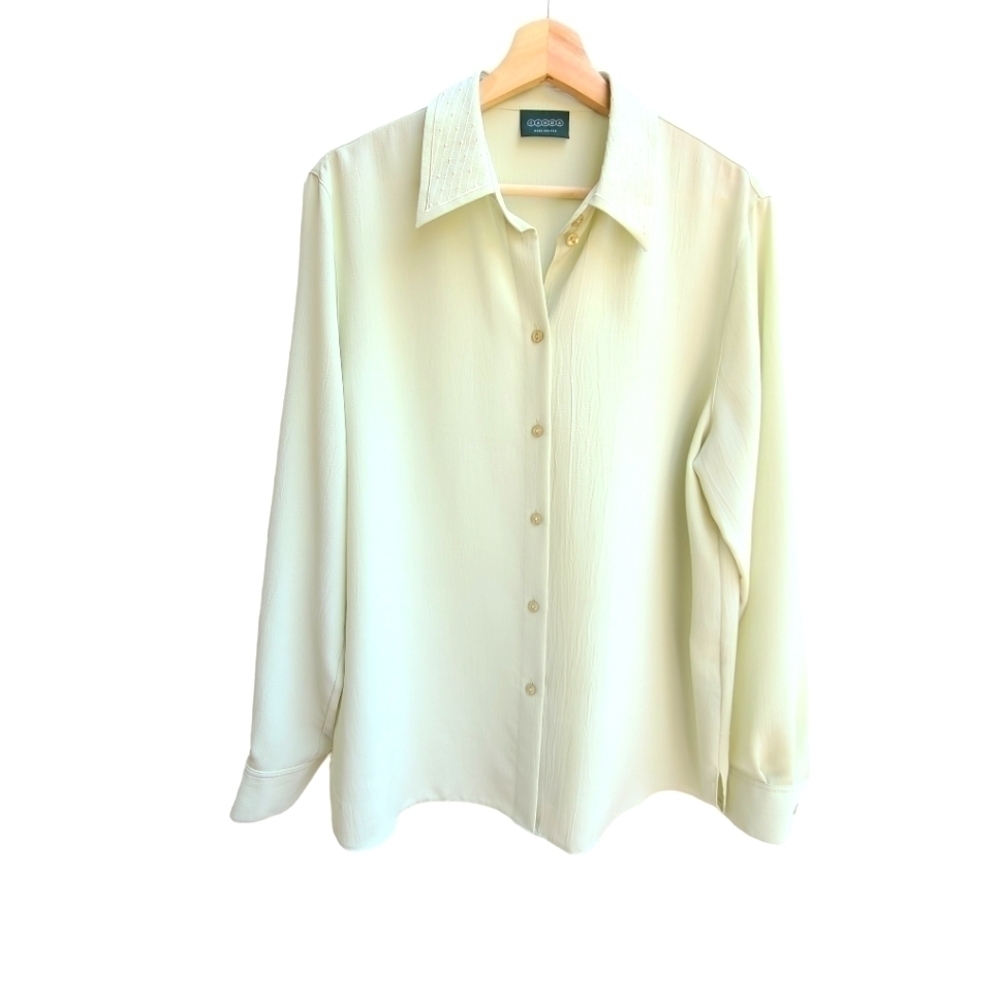 Canda Textured Green Button-down Blouse with Embroidered Collar, Size XL